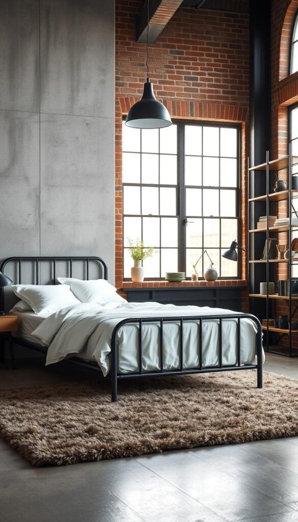 A modern industrial bedroom showcasing a harmonious color palette. In the foreground, a minimalist metal-framed bed with crisp white linens is positioned against a feature wall of exposed concrete. Warm-toned wooden nightstands and a mid-century style pendant light create a cozy ambiance. The middle ground features a plush area rug in muted earthy tones, complementing the industrial-chic theme. In the background, large windows allow natural light to flood the space, illuminating the exposed brick walls and steel-trimmed shelving unit displaying décor accents in muted greens and grays. The overall mood is one of understated elegance, blending industrial elements with a serene, inviting atmosphere.