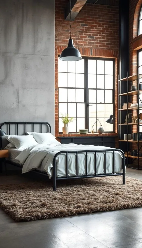 A modern industrial bedroom showcasing a harmonious color palette. In the foreground, a minimalist metal-framed bed with crisp white linens is positioned against a feature wall of exposed concrete. Warm-toned wooden nightstands and a mid-century style pendant light create a cozy ambiance. The middle ground features a plush area rug in muted earthy tones, complementing the industrial-chic theme. In the background, large windows allow natural light to flood the space, illuminating the exposed brick walls and steel-trimmed shelving unit displaying décor accents in muted greens and grays. The overall mood is one of understated elegance, blending industrial elements with a serene, inviting atmosphere. A modern industrial bedroom showcasing a harmonious color palette. In the foreground, a minimalist metal-framed bed with crisp white linens is positioned against a feature wall of exposed concrete. Warm-toned wooden nightstands and a mid-century style pendant light create a cozy ambiance. The middle ground features a plush area rug in muted earthy tones, complementing the industrial-chic theme. In the background, large windows allow natural light to flood the space, illuminating the exposed brick walls and steel-trimmed shelving unit displaying décor accents in muted greens and grays. The overall mood is one of understated elegance, blending industrial elements with a serene, inviting atmosphere.