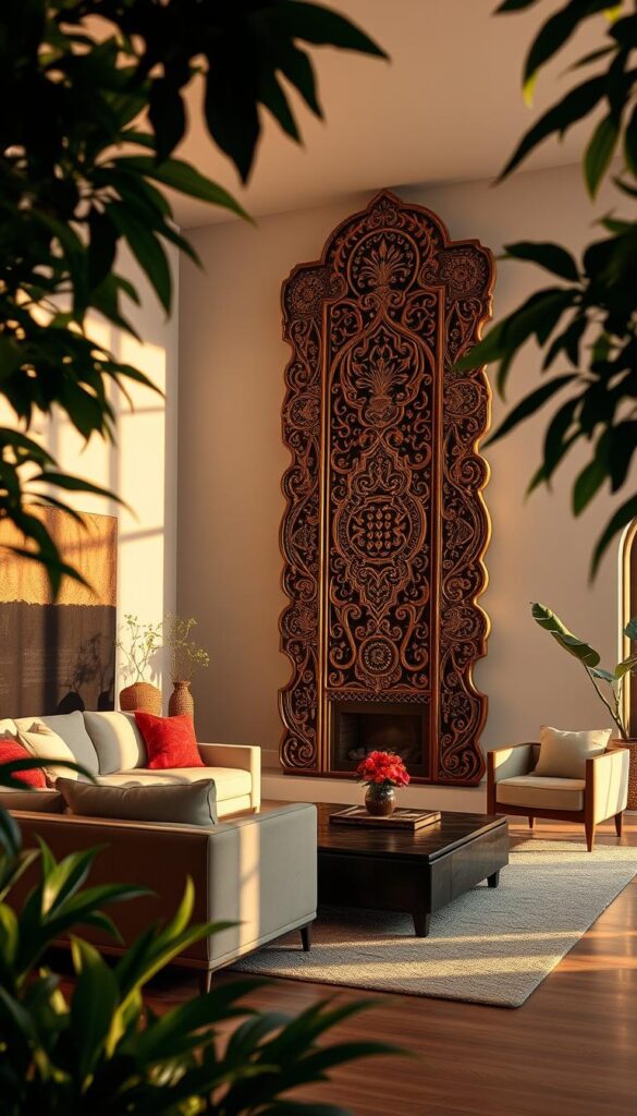 A modern living room with an ornate, carved wooden statement piece as the focal point. The piece stands tall and proud, its intricate patterns and textures casting dramatic shadows across the walls. The room is bathed in warm, golden light, creating a cozy and inviting atmosphere. The furniture is minimal and clean-lined, allowing the cultural centerpiece to take center stage. Lush, vibrant greenery frames the scene, adding a touch of organic elegance. The overall mood is one of refined sophistication, blending traditional craftsmanship with a contemporary aesthetic.