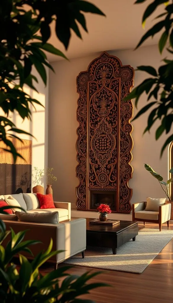 A modern living room with an ornate, carved wooden statement piece as the focal point. The piece stands tall and proud, its intricate patterns and textures casting dramatic shadows across the walls. The room is bathed in warm, golden light, creating a cozy and inviting atmosphere. The furniture is minimal and clean-lined, allowing the cultural centerpiece to take center stage. Lush, vibrant greenery frames the scene, adding a touch of organic elegance. The overall mood is one of refined sophistication, blending traditional craftsmanship with a contemporary aesthetic.