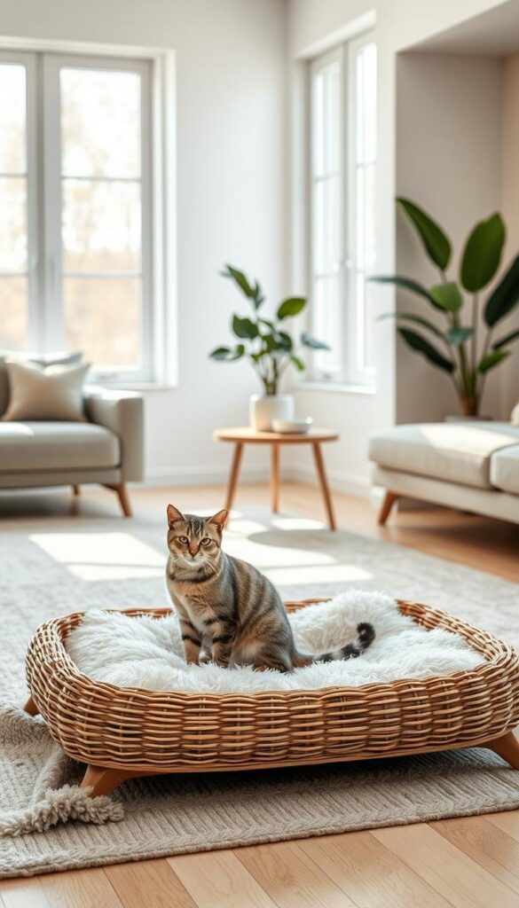 A modern living room with sleek, minimalist furniture. In the foreground, an eco-friendly pet bed made of natural materials, such as woven rattan or bamboo, sits on a fluffy rug. A cat perches comfortably on the bed, its paws tucked under its body. In the middle ground, a modern side table with a potted plant and a stylish pet water bowl. The walls are painted in a calming, neutral color, and the room is bathed in warm, natural lighting from large windows. The overall atmosphere is one of tranquility and harmony, where humans and pets coexist in a beautifully designed, sustainable space.