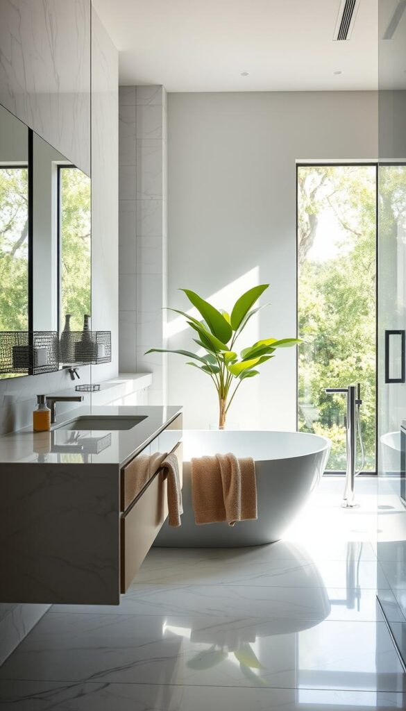 A modern, luxurious bathroom with sleek, clean-lined fixtures and fittings. Natural light floods the space through large windows, accentuating the elegant marble vanity and deep, freestanding bathtub. Plush, textured towels and a lush, green plant add pops of color and softness. The space exudes a sense of tranquility and relaxation, inviting the viewer to envision themselves in this serene oasis of rejuvenation.