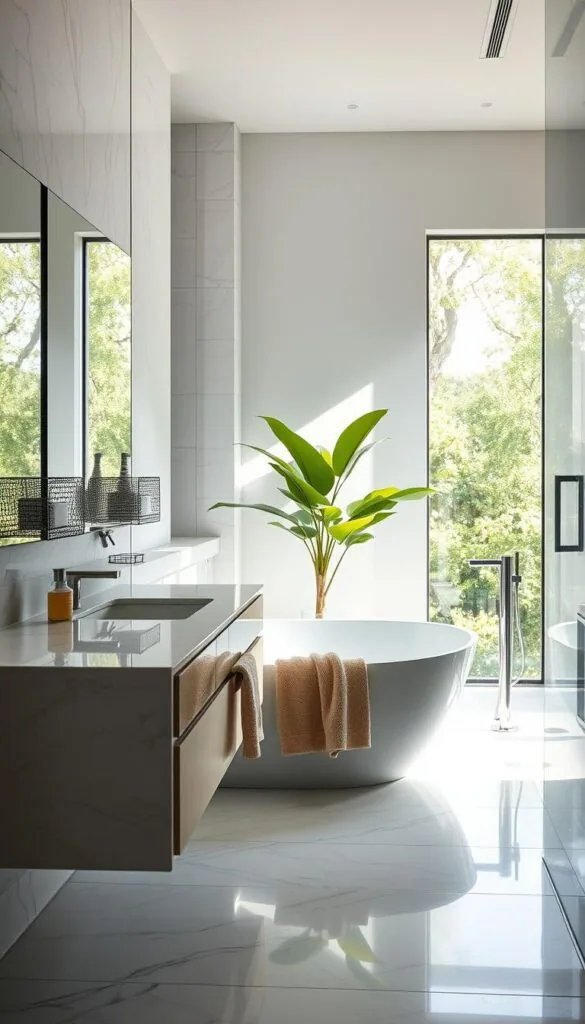 A modern, luxurious bathroom with sleek, clean-lined fixtures and fittings. Natural light floods the space through large windows, accentuating the elegant marble vanity and deep, freestanding bathtub. Plush, textured towels and a lush, green plant add pops of color and softness. The space exudes a sense of tranquility and relaxation, inviting the viewer to envision themselves in this serene oasis of rejuvenation.