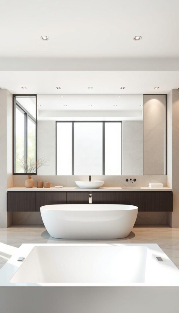 A modern, minimalist bathroom design with a focus on key architectural principles. In the foreground, a sleek, rectangular bathtub with clean lines is positioned in a bright, airy space. The middle ground features a large, square mirror reflecting the natural light streaming in from large windows. The background showcases simple, geometric wall tiles in a neutral, soothing color palette. Soft, diffused lighting from recessed ceiling fixtures creates a calming, spa-like atmosphere. The overall composition emphasizes balance, proportion, and a harmonious flow of elements to inspire a transformative bathroom experience. A modern, minimalist bathroom design with a focus on key architectural principles. In the foreground, a sleek, rectangular bathtub with clean lines is positioned in a bright, airy space. The middle ground features a large, square mirror reflecting the natural light streaming in from large windows. The background showcases simple, geometric wall tiles in a neutral, soothing color palette. Soft, diffused lighting from recessed ceiling fixtures creates a calming, spa-like atmosphere. The overall composition emphasizes balance, proportion, and a harmonious flow of elements to inspire a transformative bathroom experience.