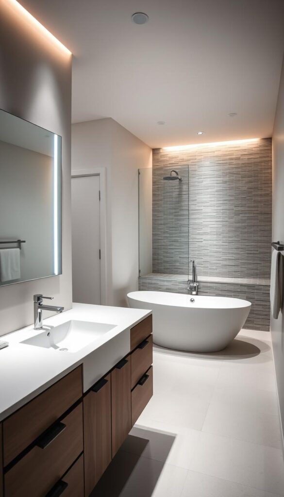 A modern, minimalist bathroom interior with a clean, well-organized layout. A large vanity with a sleek sink and ample counter space occupies the foreground, accompanied by a well-lit wall-mounted mirror. The middle ground features a freestanding bathtub, positioned to maximize the sense of space. The background showcases a tile-covered shower enclosure, with subtle accent lighting illuminating the space. The overall atmosphere is one of simplicity, functionality, and elegant design, creating a serene and inviting environment for bathroom planning.