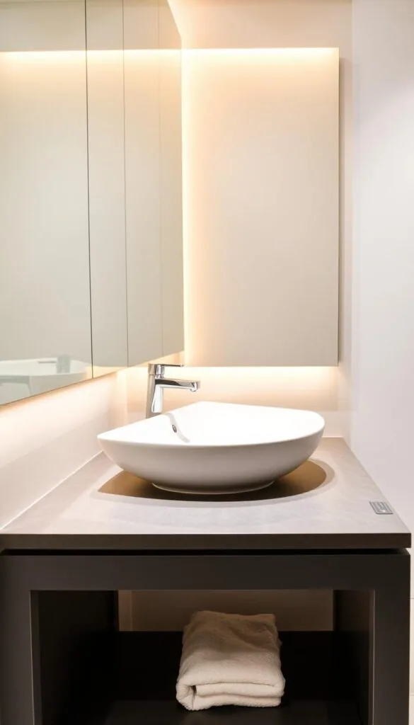 A modern, minimalist bathroom sink with a sleek, rectangular design made of white ceramic. The sink is set atop a dark gray vanity countertop, illuminated by warm, indirect lighting from above. The faucet is a simple, chrome fixture that complements the sink's clean lines. The sink is placed in a spacious, well-lit bathroom with bright, white walls and a tiled floor, creating a serene, spa-like atmosphere.