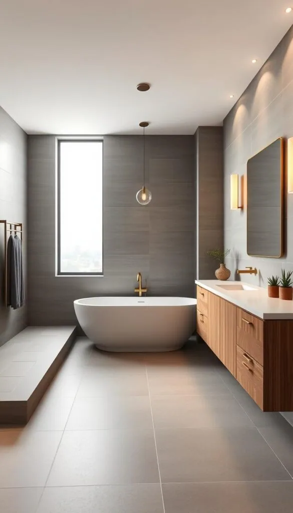 A modern, minimalist bathroom with clean lines and a warm, natural color palette. The focal point is a freestanding bathtub positioned in front of a large window, allowing natural light to flood the space. The walls are covered in sleek, grey tile, complemented by wooden vanity units and brass fixtures. A floating vanity with a rectangular mirror creates a sense of openness, while recessed lighting casts a soft, ambient glow. Succulents and a single, sculptural light fixture add subtle, organic touches. The overall atmosphere is one of tranquility and sophistication.