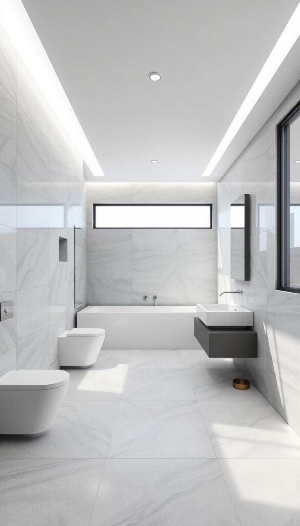 A modern, minimalist bathroom with sleek, geometric tile patterns covering the walls and floor. The tiles are a mix of monochromatic grays and whites, creating a clean, crisp aesthetic. Bright, indirect lighting from recessed ceiling fixtures and natural light from large windows cast a soft, even glow throughout the space. The tiles have a subtle, matte finish, lending a sophisticated, understated look. The bathroom features minimalist fixtures and furnishings, emphasizing the striking tile design as the focal point. An overall serene and calming atmosphere, perfect for a relaxing and rejuvenating experience.
