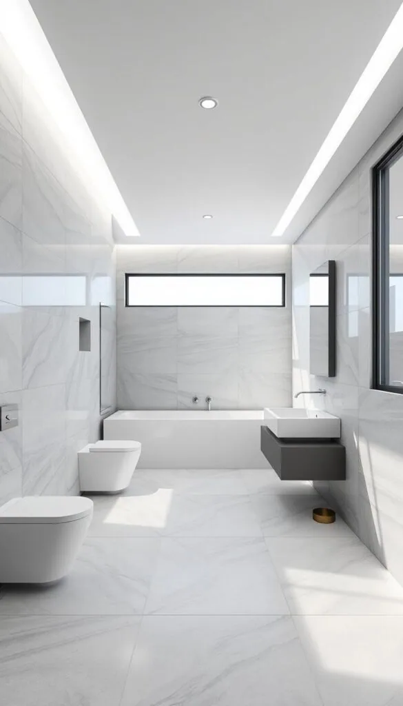 A modern, minimalist bathroom with sleek, geometric tile patterns covering the walls and floor. The tiles are a mix of monochromatic grays and whites, creating a clean, crisp aesthetic. Bright, indirect lighting from recessed ceiling fixtures and natural light from large windows cast a soft, even glow throughout the space. The tiles have a subtle, matte finish, lending a sophisticated, understated look. The bathroom features minimalist fixtures and furnishings, emphasizing the striking tile design as the focal point. An overall serene and calming atmosphere, perfect for a relaxing and rejuvenating experience.