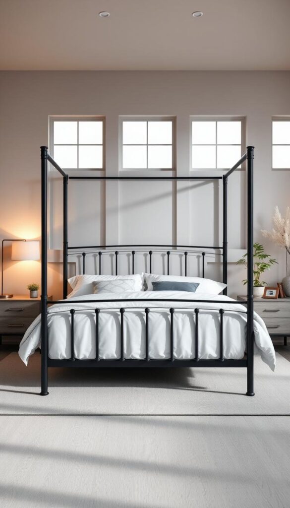A modern, minimalist bedroom with a sleek black metal bedframe as the centerpiece. Soft lighting from floor lamps casts a warm glow, complementing the dark tones. The bedframe is flanked by nightstands in a contrasting light wood or gray finish. Plush white bedding and accent pillows add visual balance. The walls are painted in a neutral, muted shade, allowing the black frame to stand out. Large windows let in natural light, creating depth and airy ambiance. Subtle green plants or fresh flowers on the nightstands bring a touch of nature. The overall atmosphere is calming, sophisticated, and tailored to showcase the allure of the black bedframe.