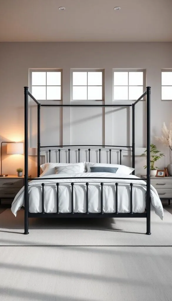 A modern, minimalist bedroom with a sleek black metal bedframe as the centerpiece. Soft lighting from floor lamps casts a warm glow, complementing the dark tones. The bedframe is flanked by nightstands in a contrasting light wood or gray finish. Plush white bedding and accent pillows add visual balance. The walls are painted in a neutral, muted shade, allowing the black frame to stand out. Large windows let in natural light, creating depth and airy ambiance. Subtle green plants or fresh flowers on the nightstands bring a touch of nature. The overall atmosphere is calming, sophisticated, and tailored to showcase the allure of the black bedframe. A modern, minimalist bedroom with a sleek black metal bedframe as the centerpiece. Soft lighting from floor lamps casts a warm glow, complementing the dark tones. The bedframe is flanked by nightstands in a contrasting light wood or gray finish. Plush white bedding and accent pillows add visual balance. The walls are painted in a neutral, muted shade, allowing the black frame to stand out. Large windows let in natural light, creating depth and airy ambiance. Subtle green plants or fresh flowers on the nightstands bring a touch of nature. The overall atmosphere is calming, sophisticated, and tailored to showcase the allure of the black bedframe.
