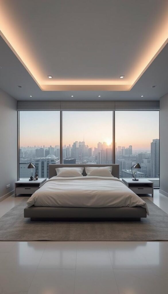 A modern, minimalist grey and white bedroom design with clean lines and a serene ambiance. A large, king-size bed with plush white bedding takes center stage, framed by a pair of sleek, grey nightstands. Soft, diffused lighting from recessed ceiling fixtures illuminates the space, casting gentle shadows across the smooth, matte walls. In the background, a floor-to-ceiling window offers a panoramic view of a tranquil, urban skyline, bathed in the golden glow of the setting sun. The room exudes a sense of understated elegance and calm, perfect for a peaceful, restful retreat.