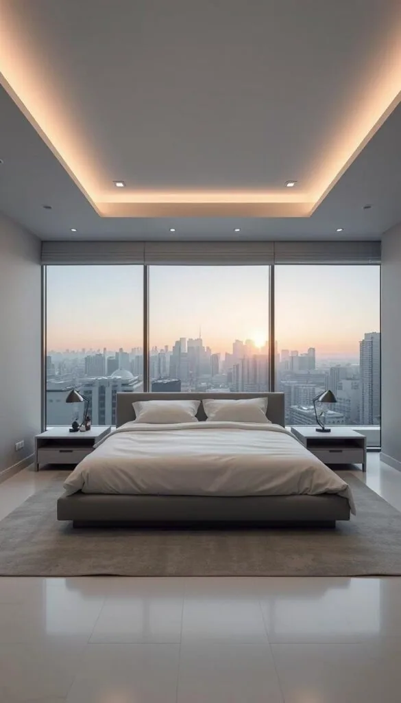A modern, minimalist grey and white bedroom design with clean lines and a serene ambiance. A large, king-size bed with plush white bedding takes center stage, framed by a pair of sleek, grey nightstands. Soft, diffused lighting from recessed ceiling fixtures illuminates the space, casting gentle shadows across the smooth, matte walls. In the background, a floor-to-ceiling window offers a panoramic view of a tranquil, urban skyline, bathed in the golden glow of the setting sun. The room exudes a sense of understated elegance and calm, perfect for a peaceful, restful retreat. A modern, minimalist grey and white bedroom design with clean lines and a serene ambiance. A large, king-size bed with plush white bedding takes center stage, framed by a pair of sleek, grey nightstands. Soft, diffused lighting from recessed ceiling fixtures illuminates the space, casting gentle shadows across the smooth, matte walls. In the background, a floor-to-ceiling window offers a panoramic view of a tranquil, urban skyline, bathed in the golden glow of the setting sun. The room exudes a sense of understated elegance and calm, perfect for a peaceful, restful retreat.