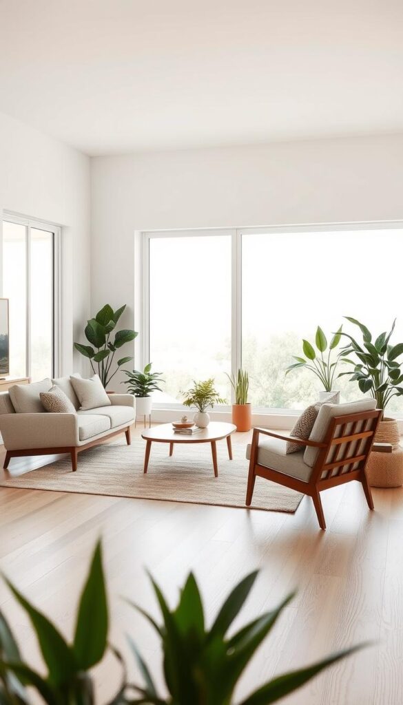 A modern, minimalist living room with clean lines and natural textures. In the foreground, a cozy yet stylish arrangement of a mid-century modern sofa, armchair, and coffee table, positioned to create a conversational flow. In the middle ground, a large area rug and potted plants add warmth and depth. The background features bright, diffused natural lighting through large windows, overlooking a serene outdoor scene. The overall mood is one of calm, open, and balanced design, showcasing essential furniture placement guidelines for an open living room layout.