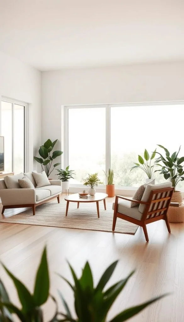 A modern, minimalist living room with clean lines and natural textures. In the foreground, a cozy yet stylish arrangement of a mid-century modern sofa, armchair, and coffee table, positioned to create a conversational flow. In the middle ground, a large area rug and potted plants add warmth and depth. The background features bright, diffused natural lighting through large windows, overlooking a serene outdoor scene. The overall mood is one of calm, open, and balanced design, showcasing essential furniture placement guidelines for an open living room layout.