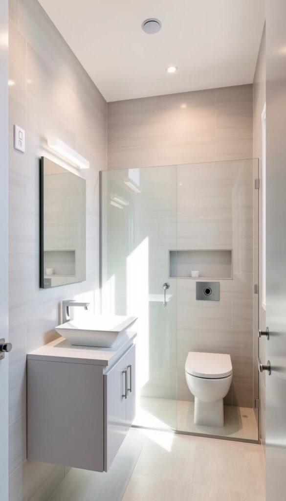 A modern, minimalist small bathroom layout showcasing efficient use of space. A sleek white vanity with a rectangular vessel sink sits against a light gray tile wall, complemented by a frameless glass shower enclosure. Overhead, a modern LED light fixture casts a warm glow, while natural light streams in through a large window. The bathroom features a compact, wall-mounted toilet and a recessed storage niche. The overall design is clean, functional, and visually appealing, capturing the challenges and potential of small bathroom spaces. A modern, minimalist small bathroom layout showcasing efficient use of space. A sleek white vanity with a rectangular vessel sink sits against a light gray tile wall, complemented by a frameless glass shower enclosure. Overhead, a modern LED light fixture casts a warm glow, while natural light streams in through a large window. The bathroom features a compact, wall-mounted toilet and a recessed storage niche. The overall design is clean, functional, and visually appealing, capturing the challenges and potential of small bathroom spaces.