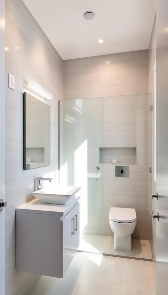 A modern, minimalist small bathroom layout showcasing efficient use of space. A sleek white vanity with a rectangular vessel sink sits against a light gray tile wall, complemented by a frameless glass shower enclosure. Overhead, a modern LED light fixture casts a warm glow, while natural light streams in through a large window. The bathroom features a compact, wall-mounted toilet and a recessed storage niche. The overall design is clean, functional, and visually appealing, capturing the challenges and potential of small bathroom spaces.