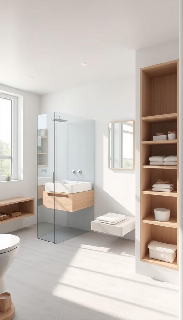 A modern, minimalist small bathroom with a clean, airy layout. The room is flooded with natural light from a large window, casting a warm glow. The focal point is a sleek, wall-mounted vanity with a floating countertop and integrated sink. Subtle recessed lighting accentuates the clean lines. A frameless glass shower enclosure with a rainfall showerhead occupies one corner, maximizing the sense of space. The neutral color palette of whites, grays, and natural wood tones creates a calming, spa-like atmosphere. Strategically placed shelves and storage niches provide ample organization without feeling cluttered. The overall design prioritizes function and a streamlined aesthetic in a limited footprint. A modern, minimalist small bathroom with a clean, airy layout. The room is flooded with natural light from a large window, casting a warm glow. The focal point is a sleek, wall-mounted vanity with a floating countertop and integrated sink. Subtle recessed lighting accentuates the clean lines. A frameless glass shower enclosure with a rainfall showerhead occupies one corner, maximizing the sense of space. The neutral color palette of whites, grays, and natural wood tones creates a calming, spa-like atmosphere. Strategically placed shelves and storage niches provide ample organization without feeling cluttered. The overall design prioritizes function and a streamlined aesthetic in a limited footprint.