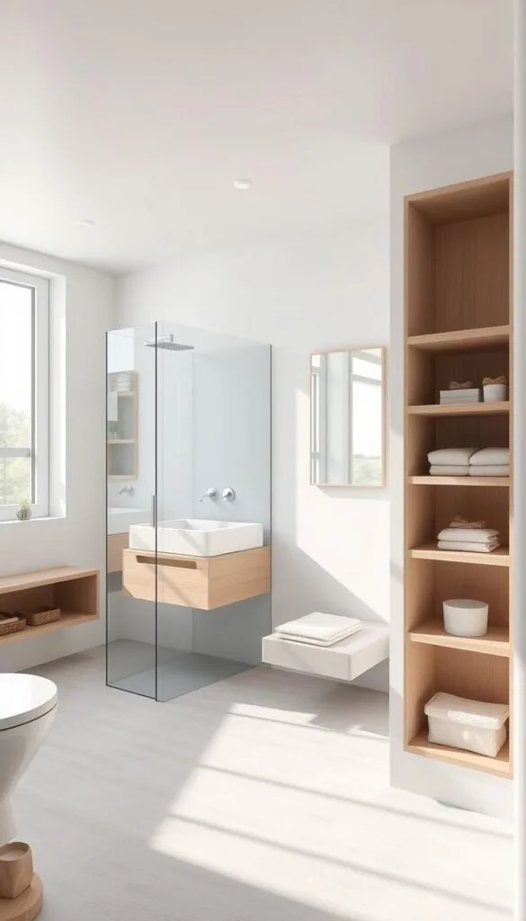 A modern, minimalist small bathroom with a clean, airy layout. The room is flooded with natural light from a large window, casting a warm glow. The focal point is a sleek, wall-mounted vanity with a floating countertop and integrated sink. Subtle recessed lighting accentuates the clean lines. A frameless glass shower enclosure with a rainfall showerhead occupies one corner, maximizing the sense of space. The neutral color palette of whites, grays, and natural wood tones creates a calming, spa-like atmosphere. Strategically placed shelves and storage niches provide ample organization without feeling cluttered. The overall design prioritizes function and a streamlined aesthetic in a limited footprint.