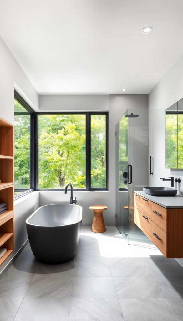 A modern, minimalist small full bathroom with a clean, bright, and airy atmosphere. The focal point is a sleek, freestanding bathtub positioned against a large window overlooking a lush, green outdoor scene. Natural light floods the space, accentuating the warm, earthy tones of the wooden vanity and the matte black fixtures. Streamlined, built-in shelving and recessed lighting create a sense of spaciousness, while a large, frameless mirror enhances the illusion of depth. The floors feature high-quality, grey-toned tile that extends seamlessly to the shower area, which is enclosed with a clear glass partition. The overall design exudes a calming, spa-like ambiance, perfectly suited for a serene and rejuvenating small bathroom experience. A modern, minimalist small full bathroom with a clean, bright, and airy atmosphere. The focal point is a sleek, freestanding bathtub positioned against a large window overlooking a lush, green outdoor scene. Natural light floods the space, accentuating the warm, earthy tones of the wooden vanity and the matte black fixtures. Streamlined, built-in shelving and recessed lighting create a sense of spaciousness, while a large, frameless mirror enhances the illusion of depth. The floors feature high-quality, grey-toned tile that extends seamlessly to the shower area, which is enclosed with a clear glass partition. The overall design exudes a calming, spa-like ambiance, perfectly suited for a serene and rejuvenating small bathroom experience.