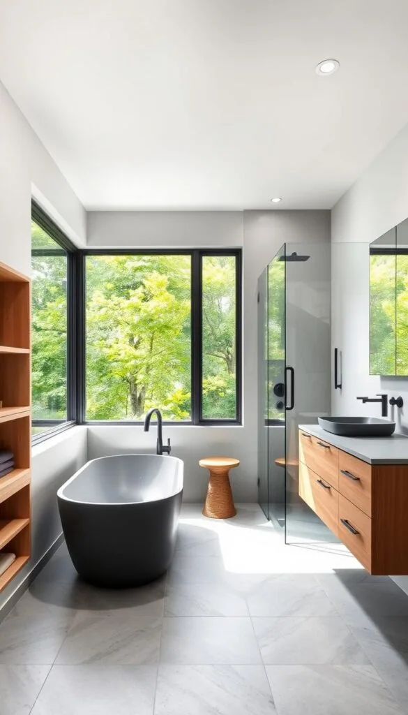 A modern, minimalist small full bathroom with a clean, bright, and airy atmosphere. The focal point is a sleek, freestanding bathtub positioned against a large window overlooking a lush, green outdoor scene. Natural light floods the space, accentuating the warm, earthy tones of the wooden vanity and the matte black fixtures. Streamlined, built-in shelving and recessed lighting create a sense of spaciousness, while a large, frameless mirror enhances the illusion of depth. The floors feature high-quality, grey-toned tile that extends seamlessly to the shower area, which is enclosed with a clear glass partition. The overall design exudes a calming, spa-like ambiance, perfectly suited for a serene and rejuvenating small bathroom experience.