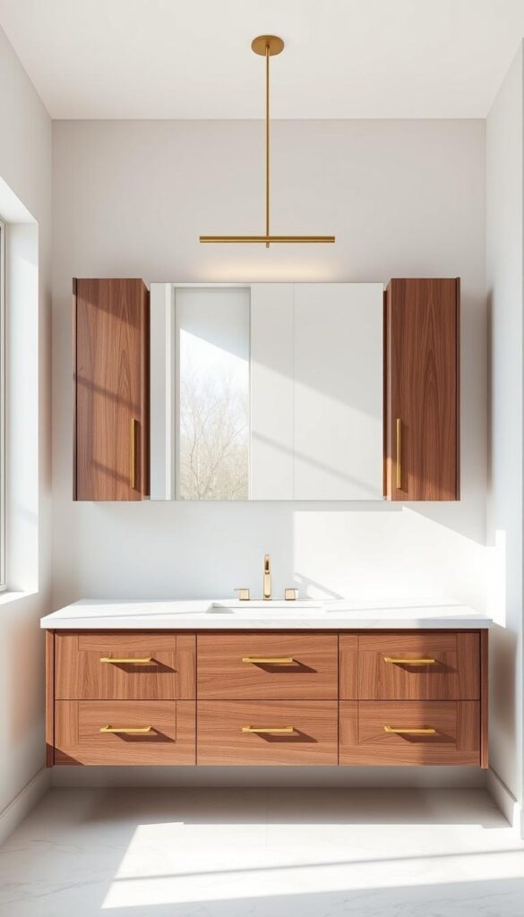 A modern, sleek bathroom vanity with a white marble countertop, floating walnut cabinets, and brushed gold hardware. The vanity is well-lit from above by a minimalist LED light fixture. The room is airy and bright, with large windows letting in natural light. The vanity is positioned against a soft, neutral-toned wall, creating a serene and spa-like atmosphere. The overall design is clean, contemporary, and focused on functionality and elegant simplicity. A modern, sleek bathroom vanity with a white marble countertop, floating walnut cabinets, and brushed gold hardware. The vanity is well-lit from above by a minimalist LED light fixture. The room is airy and bright, with large windows letting in natural light. The vanity is positioned against a soft, neutral-toned wall, creating a serene and spa-like atmosphere. The overall design is clean, contemporary, and focused on functionality and elegant simplicity.