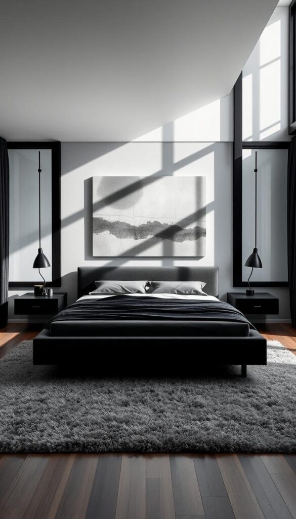 A modern, sleek black and grey bedroom design with clean lines and minimal decor. The focal point is a low-profile, platform bed with a dark grey upholstered headboard. Flanking the bed are narrow, floating nightstands in a matte black finish. A plush, grey area rug grounds the space, while streamlined, black and chrome task lighting illuminates the scene. Behind the bed, a large, abstract wall art piece in shades of grey creates visual interest. Floor-to-ceiling windows allow natural light to flood the room, casting dramatic shadows and highlighting the textural elements. The overall atmosphere is one of understated elegance and contemporary sophistication. A modern, sleek black and grey bedroom design with clean lines and minimal decor. The focal point is a low-profile, platform bed with a dark grey upholstered headboard. Flanking the bed are narrow, floating nightstands in a matte black finish. A plush, grey area rug grounds the space, while streamlined, black and chrome task lighting illuminates the scene. Behind the bed, a large, abstract wall art piece in shades of grey creates visual interest. Floor-to-ceiling windows allow natural light to flood the room, casting dramatic shadows and highlighting the textural elements. The overall atmosphere is one of understated elegance and contemporary sophistication.