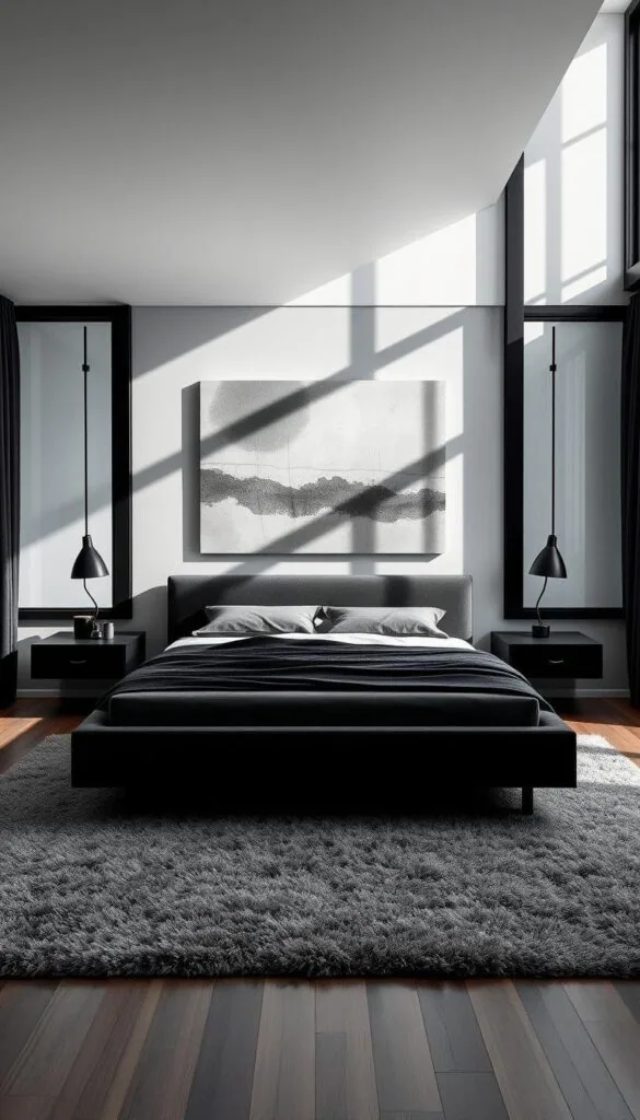 A modern, sleek black and grey bedroom design with clean lines and minimal decor. The focal point is a low-profile, platform bed with a dark grey upholstered headboard. Flanking the bed are narrow, floating nightstands in a matte black finish. A plush, grey area rug grounds the space, while streamlined, black and chrome task lighting illuminates the scene. Behind the bed, a large, abstract wall art piece in shades of grey creates visual interest. Floor-to-ceiling windows allow natural light to flood the room, casting dramatic shadows and highlighting the textural elements. The overall atmosphere is one of understated elegance and contemporary sophistication.