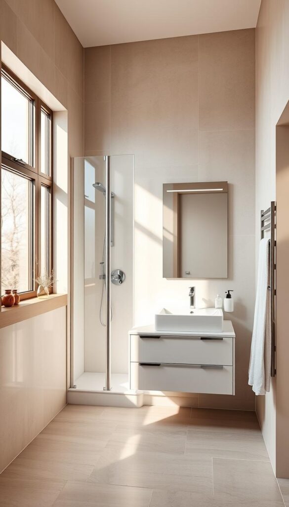 A modern, space-efficient bathroom layout with a sleek floating vanity, a compact corner shower, and strategically placed storage solutions. The scene is bathed in warm, natural lighting from a large window, creating a serene, spa-like atmosphere. The tiled floor in a neutral tone complements the minimalist, Scandinavian-inspired design aesthetic. The layout maximizes the available square footage, showcasing clever utilization of every inch to create a functional yet visually appealing small bathroom oasis. A modern, space-efficient bathroom layout with a sleek floating vanity, a compact corner shower, and strategically placed storage solutions. The scene is bathed in warm, natural lighting from a large window, creating a serene, spa-like atmosphere. The tiled floor in a neutral tone complements the minimalist, Scandinavian-inspired design aesthetic. The layout maximizes the available square footage, showcasing clever utilization of every inch to create a functional yet visually appealing small bathroom oasis.