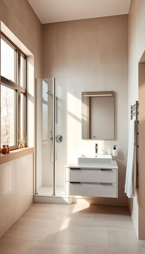 A modern, space-efficient bathroom layout with a sleek floating vanity, a compact corner shower, and strategically placed storage solutions. The scene is bathed in warm, natural lighting from a large window, creating a serene, spa-like atmosphere. The tiled floor in a neutral tone complements the minimalist, Scandinavian-inspired design aesthetic. The layout maximizes the available square footage, showcasing clever utilization of every inch to create a functional yet visually appealing small bathroom oasis.