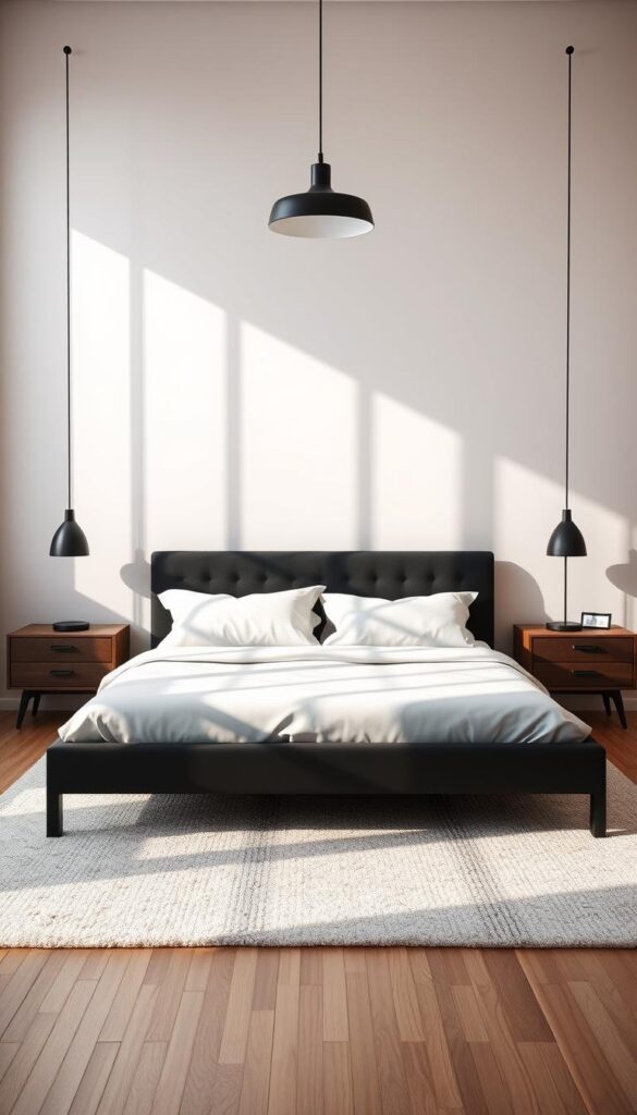 A modern, spacious master bedroom with a sleek black bed frame as the centerpiece. The frame is positioned against a large window, allowing natural light to pour in and cast soft shadows across the room. The walls are painted in a neutral, muted tone, complementing the minimalist decor. A plush, textured area rug grounds the space, while a pair of mid-century inspired nightstands flank the bed. Subtle accent lighting from a pendant fixture overhead creates a warm, cozy ambiance. The overall aesthetic is one of understated elegance, where the black bed frame serves as a bold, statement piece within the harmonious, contemporary living space.