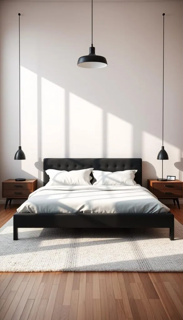 A modern, spacious master bedroom with a sleek black bed frame as the centerpiece. The frame is positioned against a large window, allowing natural light to pour in and cast soft shadows across the room. The walls are painted in a neutral, muted tone, complementing the minimalist decor. A plush, textured area rug grounds the space, while a pair of mid-century inspired nightstands flank the bed. Subtle accent lighting from a pendant fixture overhead creates a warm, cozy ambiance. The overall aesthetic is one of understated elegance, where the black bed frame serves as a bold, statement piece within the harmonious, contemporary living space. A modern, spacious master bedroom with a sleek black bed frame as the centerpiece. The frame is positioned against a large window, allowing natural light to pour in and cast soft shadows across the room. The walls are painted in a neutral, muted tone, complementing the minimalist decor. A plush, textured area rug grounds the space, while a pair of mid-century inspired nightstands flank the bed. Subtle accent lighting from a pendant fixture overhead creates a warm, cozy ambiance. The overall aesthetic is one of understated elegance, where the black bed frame serves as a bold, statement piece within the harmonious, contemporary living space.