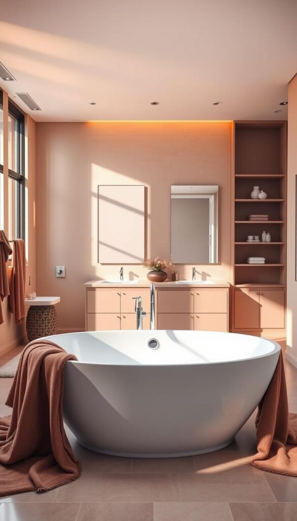 A modern, stylish bathroom with a harmonious color scheme. The room is bathed in warm, natural lighting filtering through large windows, revealing a serene and inviting atmosphere. In the foreground, a freestanding bathtub takes center stage, surrounded by luxurious textiles and plush towels in complementary hues. The middle ground showcases a double vanity with sleek fixtures and a large mirror, framed by tiles in a sophisticated color palette. The background features elegant, minimalist shelving displaying decorative accents that tie the entire space together. The overall impression is one of refined elegance and relaxation.