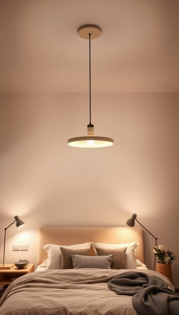 A modern, stylish bedroom with a focus on innovative lighting solutions. A minimalist, light-filled space with a statement pendant light fixture in the center, casting a warm glow. Sleek bedside lamps with adjustable brightness and a floor lamp that creates a cozy, ambient atmosphere. The walls feature a neutral color palette, complemented by natural textures like wood and plants. Overall, the room exudes a sense of sophistication and a harmonious blend of form and function.