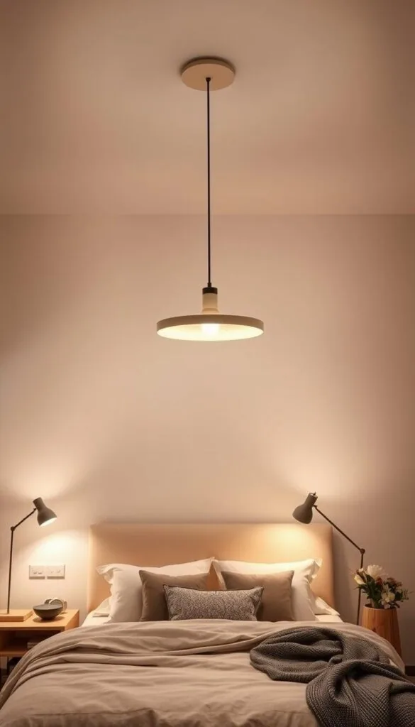 A modern, stylish bedroom with a focus on innovative lighting solutions. A minimalist, light-filled space with a statement pendant light fixture in the center, casting a warm glow. Sleek bedside lamps with adjustable brightness and a floor lamp that creates a cozy, ambient atmosphere. The walls feature a neutral color palette, complemented by natural textures like wood and plants. Overall, the room exudes a sense of sophistication and a harmonious blend of form and function.