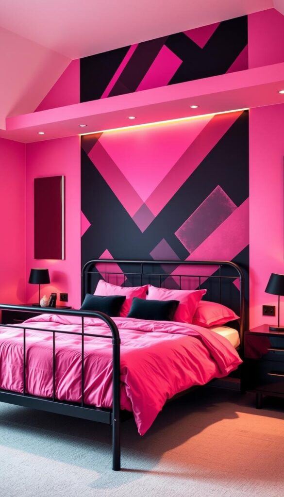 A modern, stylish bedroom with a vibrant black and pink color scheme. The room features a sleek, minimalist design with a black metal bed frame, plush pink bedding, and modern black nightstands. Soft, warm lighting illuminates the space, creating a cozy and inviting atmosphere. In the background, a feature wall showcases a bold, geometric pattern in shades of black and pink, adding depth and visual interest. The overall aesthetic is a harmonious blend of contemporary and feminine elements, resulting in a sophisticated and visually stunning bedroom setting.