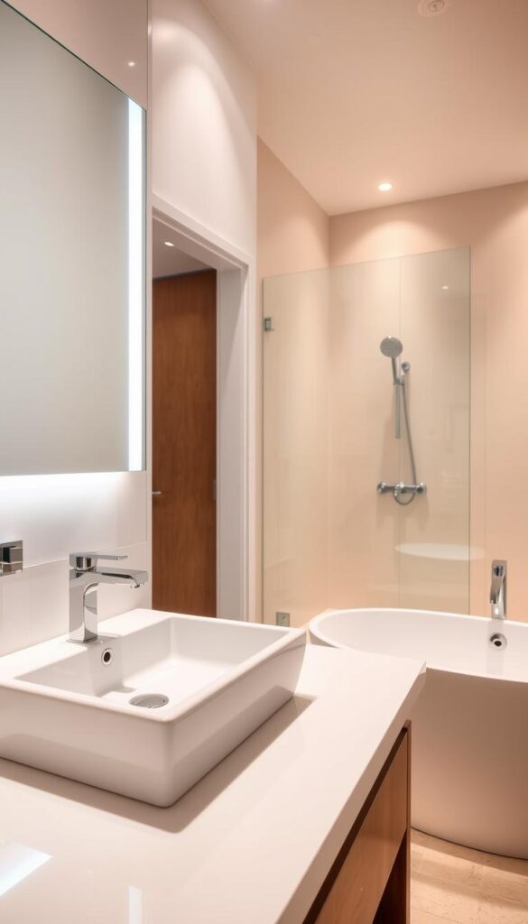 A modern, well-appointed bathroom with sleek, high-quality fixtures. In the foreground, a minimalist vanity with a rectangular, white porcelain sink and a gleaming chrome faucet. Above it, a large, backlit mirror with clean, angular lines. In the middle ground, a contemporary shower enclosure with a frameless glass door and a rainfall showerhead. The background features a freestanding bathtub with gently curved sides, complemented by a modern, wall-mounted faucet. Warm, indirect lighting bathes the scene, creating a serene and inviting atmosphere.
