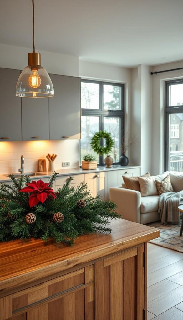 A modern, well-appointed winter kitchen with a warm, inviting ambiance. The foreground features a wooden kitchen island adorned with seasonal plants and greenery, such as lush evergreen sprigs, pinecones, and a small potted poinsettia. Soft, diffused lighting from pendant fixtures casts a gentle glow, complemented by the natural light streaming in through large windows. The middle ground showcases sleek, minimalist cabinetry in a muted palette, providing ample storage. In the background, a cozy seating area with plush upholstery and textured throws invites relaxation. The overall scene evokes a sense of hygge, blending functionality with seasonal, nature-inspired decor. A modern, well-appointed winter kitchen with a warm, inviting ambiance. The foreground features a wooden kitchen island adorned with seasonal plants and greenery, such as lush evergreen sprigs, pinecones, and a small potted poinsettia. Soft, diffused lighting from pendant fixtures casts a gentle glow, complemented by the natural light streaming in through large windows. The middle ground showcases sleek, minimalist cabinetry in a muted palette, providing ample storage. In the background, a cozy seating area with plush upholstery and textured throws invites relaxation. The overall scene evokes a sense of hygge, blending functionality with seasonal, nature-inspired decor.