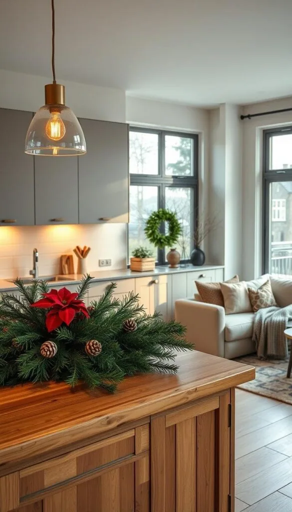 A modern, well-appointed winter kitchen with a warm, inviting ambiance. The foreground features a wooden kitchen island adorned with seasonal plants and greenery, such as lush evergreen sprigs, pinecones, and a small potted poinsettia. Soft, diffused lighting from pendant fixtures casts a gentle glow, complemented by the natural light streaming in through large windows. The middle ground showcases sleek, minimalist cabinetry in a muted palette, providing ample storage. In the background, a cozy seating area with plush upholstery and textured throws invites relaxation. The overall scene evokes a sense of hygge, blending functionality with seasonal, nature-inspired decor.