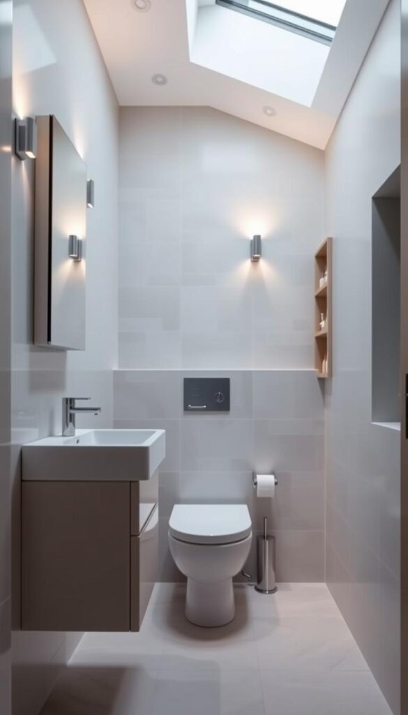 A modern, well-lit bathroom interior showcasing a variety of space-saving fixtures and features. In the foreground, a sleek wall-mounted vanity with a minimalist sink and integrated storage compartments. Above it, a compact medicine cabinet with mirrored doors. In the middle ground, a low-profile toilet with a wall-mounted tank, maximizing floor space. To the side, a narrow shelving unit holding neatly organized toiletries. The background features a tiled wall with a recessed niche, providing additional storage. Soft, diffused lighting from sconces and a skylight creates a calming, spa-like atmosphere. The overall design emphasizes functionality, organization, and a clean, contemporary aesthetic, perfectly suited for a small full bathroom. A modern, well-lit bathroom interior showcasing a variety of space-saving fixtures and features. In the foreground, a sleek wall-mounted vanity with a minimalist sink and integrated storage compartments. Above it, a compact medicine cabinet with mirrored doors. In the middle ground, a low-profile toilet with a wall-mounted tank, maximizing floor space. To the side, a narrow shelving unit holding neatly organized toiletries. The background features a tiled wall with a recessed niche, providing additional storage. Soft, diffused lighting from sconces and a skylight creates a calming, spa-like atmosphere. The overall design emphasizes functionality, organization, and a clean, contemporary aesthetic, perfectly suited for a small full bathroom.
