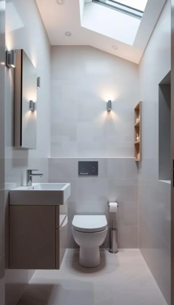 A modern, well-lit bathroom interior showcasing a variety of space-saving fixtures and features. In the foreground, a sleek wall-mounted vanity with a minimalist sink and integrated storage compartments. Above it, a compact medicine cabinet with mirrored doors. In the middle ground, a low-profile toilet with a wall-mounted tank, maximizing floor space. To the side, a narrow shelving unit holding neatly organized toiletries. The background features a tiled wall with a recessed niche, providing additional storage. Soft, diffused lighting from sconces and a skylight creates a calming, spa-like atmosphere. The overall design emphasizes functionality, organization, and a clean, contemporary aesthetic, perfectly suited for a small full bathroom.