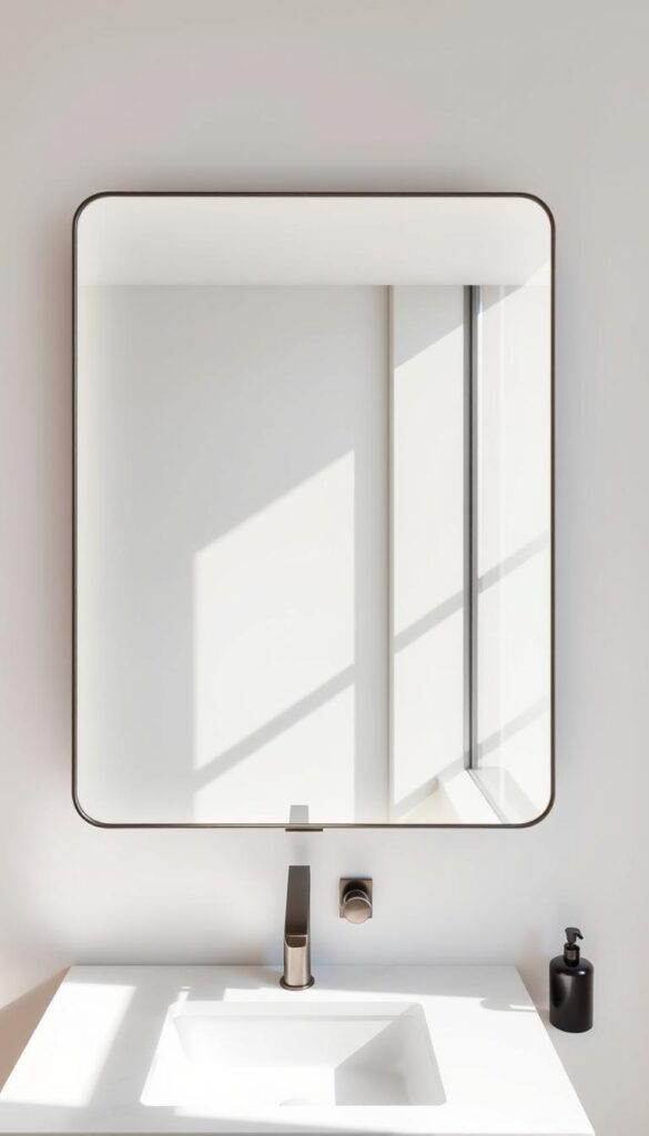 A modern, well-lit bathroom mirror with a sleek, minimalist frame. The mirror is positioned above a white marble vanity, casting a warm, diffused glow across the space. The mirror's surface reflects the natural light streaming in through large windows, creating a sense of openness and tranquility. The overall atmosphere is one of sophisticated elegance, perfectly complementing the chic, practical decor of the bathroom.