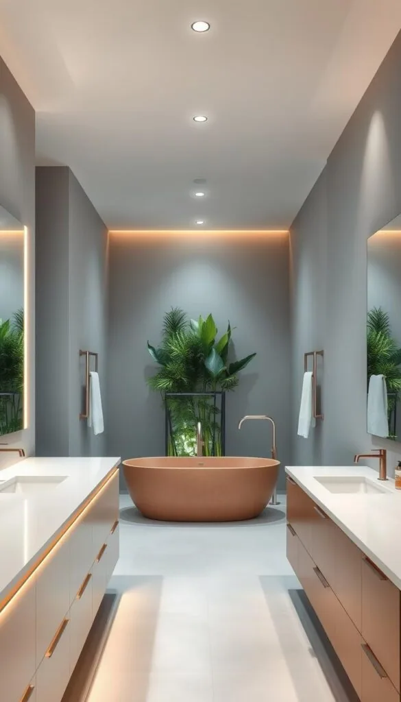 A modern, well-lit bathroom with a minimalist, spa-like aesthetic. The foreground features a spacious vanity with sleek white countertops and a large mirror, accentuated by warm, indirect lighting. The middle ground showcases a freestanding bathtub in a soothing, earthy-toned color, complemented by lush greenery in the background. The walls are painted in a soft, muted blue-gray hue, creating a calming and serene atmosphere. The overall color palette is a harmonious blend of natural tones, with hints of metallic accents adding a touch of sophistication. The composition captures the essence of a modern, trend-setting bathroom design.