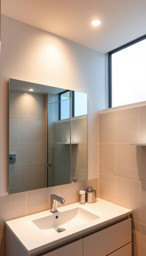 A modern, well-lit bathroom with a sleek vanity and minimalist fixtures. Bright, warm overhead lighting gently illuminates the mirror and countertop, casting a soft, even glow. Recessed downlights along the perimeter provide subtle accent lighting, highlighting the textured tile walls and gleaming chrome fixtures. Large, frameless windows allow natural daylight to flood the space, creating a bright, airy atmosphere. The lighting is thoughtfully designed to accentuate the room's clean, contemporary aesthetic and make the most of its compact dimensions. A modern, well-lit bathroom with a sleek vanity and minimalist fixtures. Bright, warm overhead lighting gently illuminates the mirror and countertop, casting a soft, even glow. Recessed downlights along the perimeter provide subtle accent lighting, highlighting the textured tile walls and gleaming chrome fixtures. Large, frameless windows allow natural daylight to flood the space, creating a bright, airy atmosphere. The lighting is thoughtfully designed to accentuate the room's clean, contemporary aesthetic and make the most of its compact dimensions.