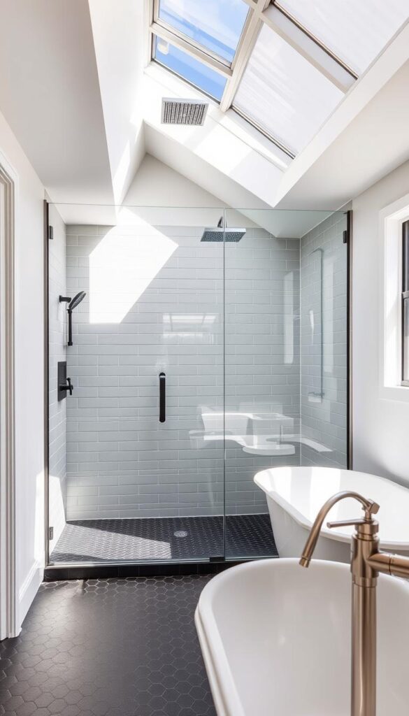 A modern, well-lit bathroom with a spacious walk-in shower enclosure featuring a frameless glass door, sleek rainfall showerhead, and built-in shelving for storage. The shower floor is covered in matte black hexagonal tiles, complementing the light gray subway tiles on the walls. Overhead, a large skylight allows natural light to stream in, creating a warm, spa-like ambiance. In the foreground, a freestanding tub with a brushed nickel faucet stands elegantly, inviting relaxation. The overall design exudes a harmonious blend of functionality and luxurious aesthetic, perfectly capturing the essence of a small bathroom upgrade. A modern, well-lit bathroom with a spacious walk-in shower enclosure featuring a frameless glass door, sleek rainfall showerhead, and built-in shelving for storage. The shower floor is covered in matte black hexagonal tiles, complementing the light gray subway tiles on the walls. Overhead, a large skylight allows natural light to stream in, creating a warm, spa-like ambiance. In the foreground, a freestanding tub with a brushed nickel faucet stands elegantly, inviting relaxation. The overall design exudes a harmonious blend of functionality and luxurious aesthetic, perfectly capturing the essence of a small bathroom upgrade.