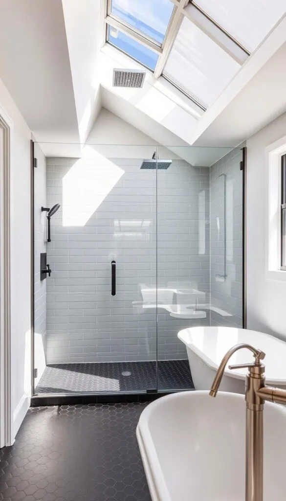 A modern, well-lit bathroom with a spacious walk-in shower enclosure featuring a frameless glass door, sleek rainfall showerhead, and built-in shelving for storage. The shower floor is covered in matte black hexagonal tiles, complementing the light gray subway tiles on the walls. Overhead, a large skylight allows natural light to stream in, creating a warm, spa-like ambiance. In the foreground, a freestanding tub with a brushed nickel faucet stands elegantly, inviting relaxation. The overall design exudes a harmonious blend of functionality and luxurious aesthetic, perfectly capturing the essence of a small bathroom upgrade. A modern, well-lit bathroom with a spacious walk-in shower enclosure featuring a frameless glass door, sleek rainfall showerhead, and built-in shelving for storage. The shower floor is covered in matte black hexagonal tiles, complementing the light gray subway tiles on the walls. Overhead, a large skylight allows natural light to stream in, creating a warm, spa-like ambiance. In the foreground, a freestanding tub with a brushed nickel faucet stands elegantly, inviting relaxation. The overall design exudes a harmonious blend of functionality and luxurious aesthetic, perfectly capturing the essence of a small bathroom upgrade.