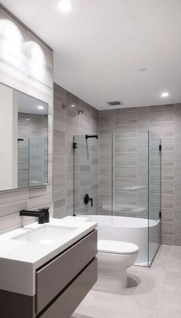 A modern, well-lit bathroom with sleek, minimalist tile designs. The foreground features a large, rectangular mirror framed by tiles in a cool, muted color palette, perhaps in shades of gray, white, or soft blue. The middle ground showcases a spacious vanity with clean lines and modern fixtures, surrounded by a tiled backsplash in a complementary pattern. In the background, the shower or bathtub area is enclosed by glass panels, with the walls covered in a striking, geometric tile arrangement that adds visual interest. Soft, even lighting from recessed fixtures creates a calming, spa-like atmosphere, highlighting the high-quality, on-trend materials and attention to detail that define this contemporary bathroom design. A modern, well-lit bathroom with sleek, minimalist tile designs. The foreground features a large, rectangular mirror framed by tiles in a cool, muted color palette, perhaps in shades of gray, white, or soft blue. The middle ground showcases a spacious vanity with clean lines and modern fixtures, surrounded by a tiled backsplash in a complementary pattern. In the background, the shower or bathtub area is enclosed by glass panels, with the walls covered in a striking, geometric tile arrangement that adds visual interest. Soft, even lighting from recessed fixtures creates a calming, spa-like atmosphere, highlighting the high-quality, on-trend materials and attention to detail that define this contemporary bathroom design.