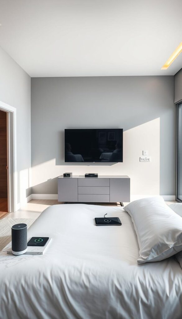 A modern, well-lit bedroom with a sleek, minimalist design. In the foreground, a king-size bed with clean, crisp white linens and a marble nightstand. On the nightstand, a smart speaker, tablet, and wireless charging pad. The walls are a calming gray, accented by a large, frameless smart TV mounted above a low-profile dresser. Bright, indirect lighting illuminates the space, creating a warm, inviting atmosphere. In the background, large windows provide a panoramic view of a skyline, blending the indoor and outdoor spaces. The overall aesthetic is one of seamless technology integration, comfort, and sophistication.