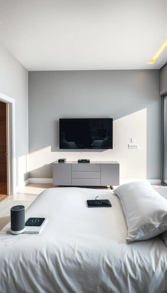 A modern, well-lit bedroom with a sleek, minimalist design. In the foreground, a king-size bed with clean, crisp white linens and a marble nightstand. On the nightstand, a smart speaker, tablet, and wireless charging pad. The walls are a calming gray, accented by a large, frameless smart TV mounted above a low-profile dresser. Bright, indirect lighting illuminates the space, creating a warm, inviting atmosphere. In the background, large windows provide a panoramic view of a skyline, blending the indoor and outdoor spaces. The overall aesthetic is one of seamless technology integration, comfort, and sophistication.