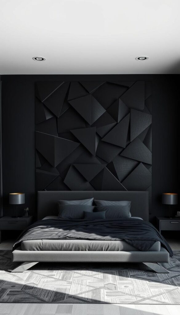 A moody and sophisticated black and grey bedroom with a focal point wall decor that elevates the space. The wall features a striking pattern of intersecting geometric shapes in shades of charcoal and slate, creating a visually dynamic and textural backdrop. Soft ambient lighting casts dramatic shadows, adding depth and drama. The furniture, including a low-profile platform bed and minimalist nightstands, are in muted tones that complement the wall decor. The overall atmosphere is one of serene elegance, perfect for a relaxing and stylish sleeping retreat. A moody and sophisticated black and grey bedroom with a focal point wall decor that elevates the space. The wall features a striking pattern of intersecting geometric shapes in shades of charcoal and slate, creating a visually dynamic and textural backdrop. Soft ambient lighting casts dramatic shadows, adding depth and drama. The furniture, including a low-profile platform bed and minimalist nightstands, are in muted tones that complement the wall decor. The overall atmosphere is one of serene elegance, perfect for a relaxing and stylish sleeping retreat.
